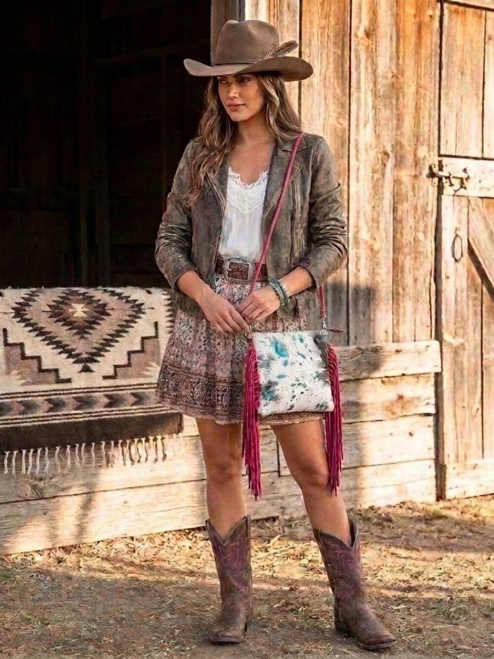American Darling Turquoise Splatter Pink Fringe Crossbody
